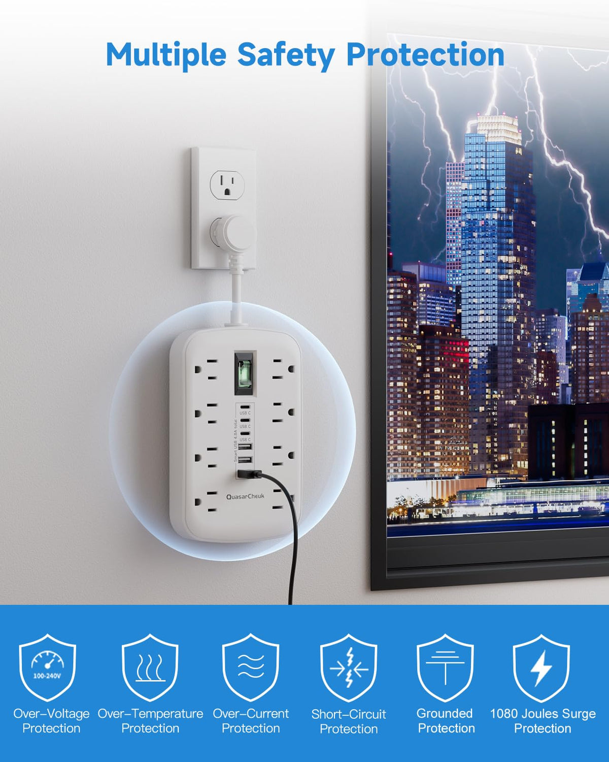 QuasarCheuk surge protection icon indicates safety features for electronics.