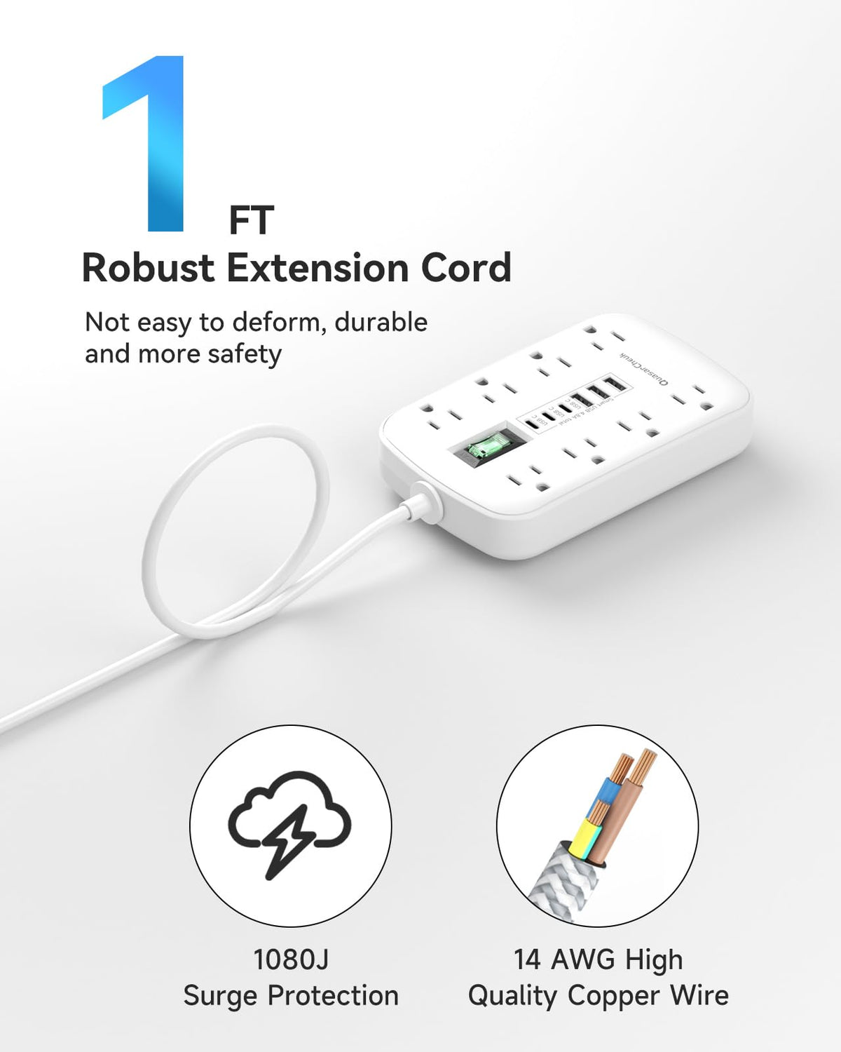 QuasarCheuk 1ft short extension cord showing 6 USB ports for quick charging.