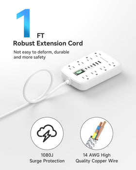 QuasarCheuk 1ft short extension cord showing 6 USB ports for quick charging.