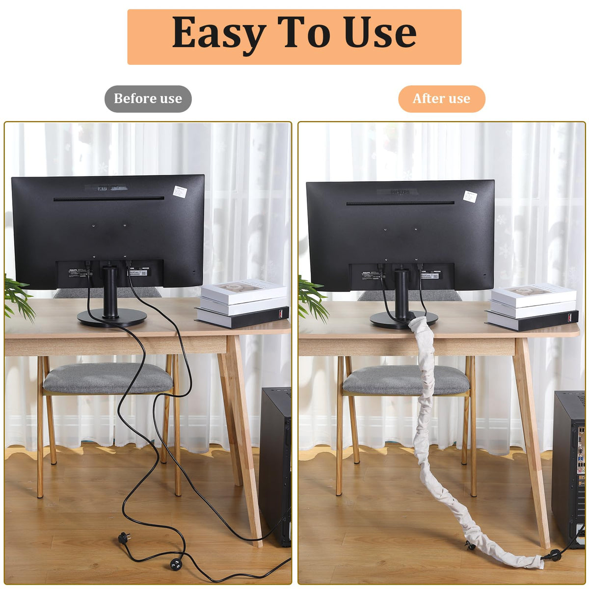 Queekay lamp wire management with fabric sleeve blends with décor.