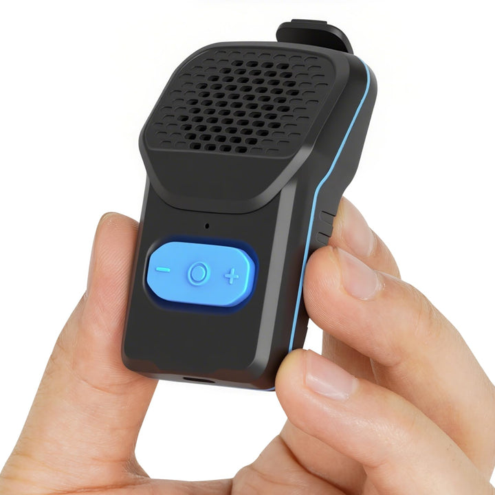QUEENLINK front view showing compact clip-on speaker and branding for portable use