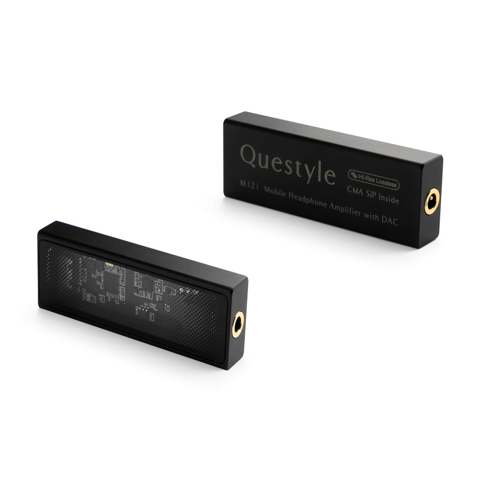 Questyle M12i front view showcases compact HiFi amplifier for on-the-go listening.