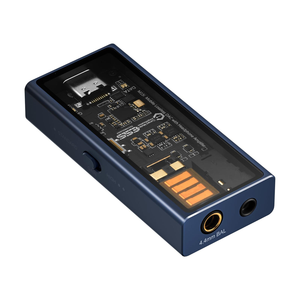 Questyle M15i Blues front view shows portable USB DAC/amp with 4.4mm and 3.5mm outputs.