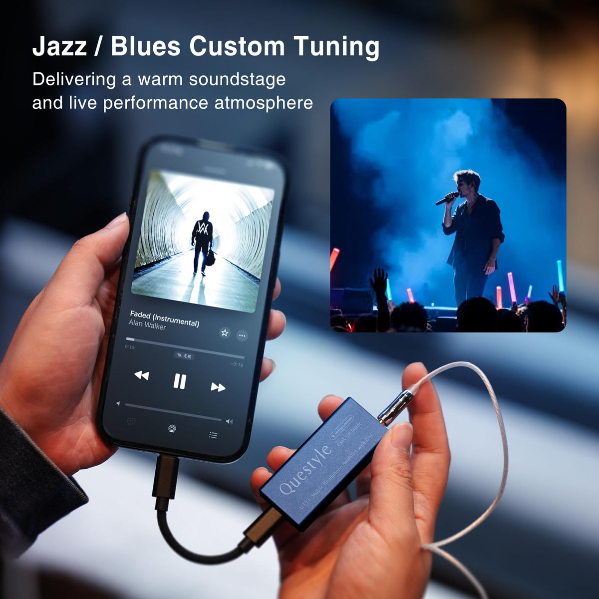Questyle M15i Blues ports and jacks enable versatile connections for phones and PCs.