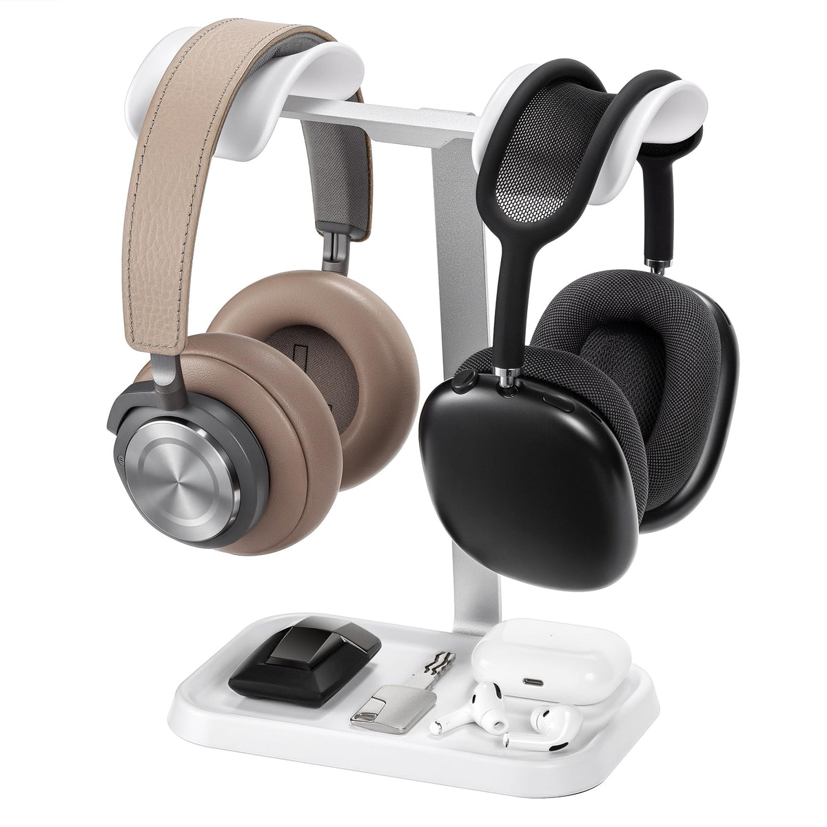 QinCoon dual-headphone-stand front view on a clean white desk