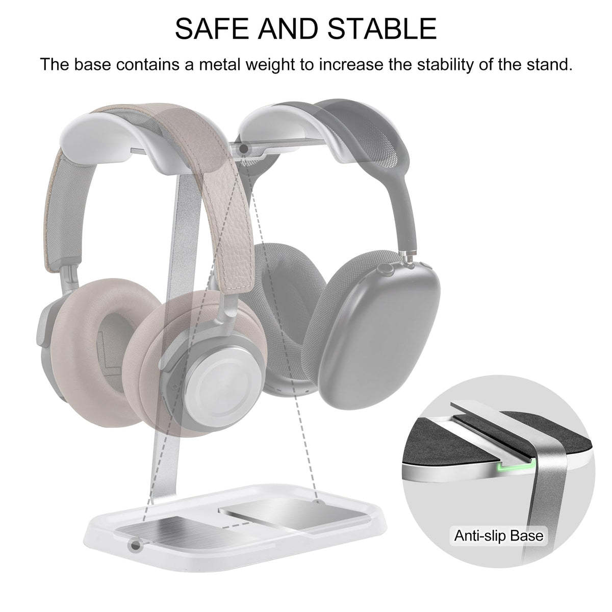 QinCoon wide anti-slip base anchors the stand on flat desks
