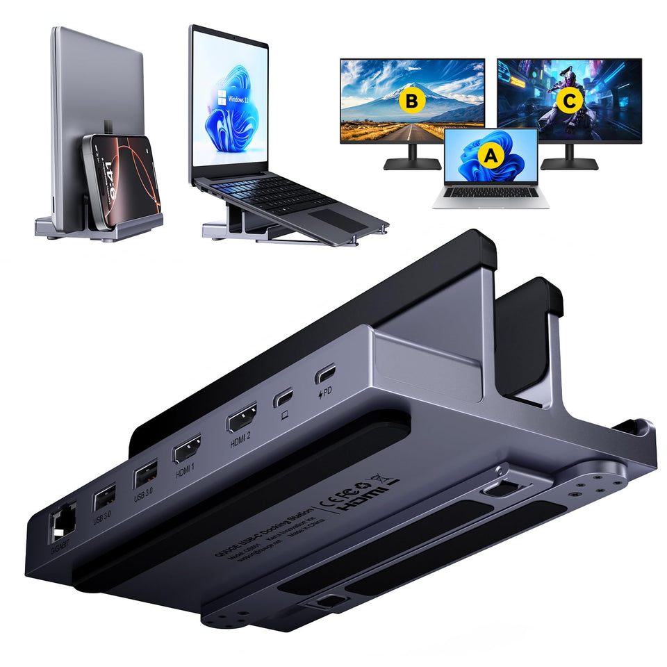 QUUGE laptop docking stand with dual-monitor setup for a tidy workspace.