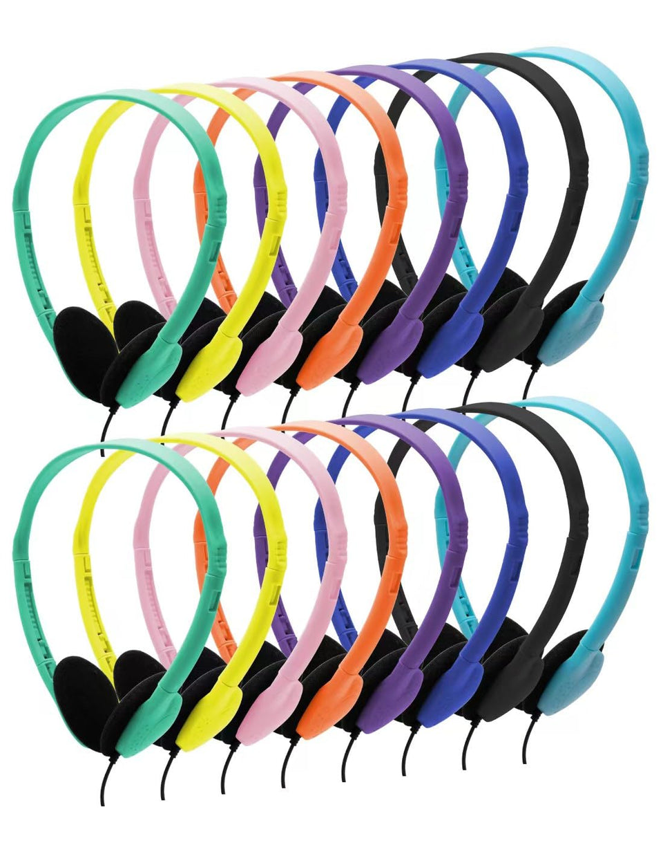 QWERDF 16-pack headphones in bulk packaging for easy classroom distribution.