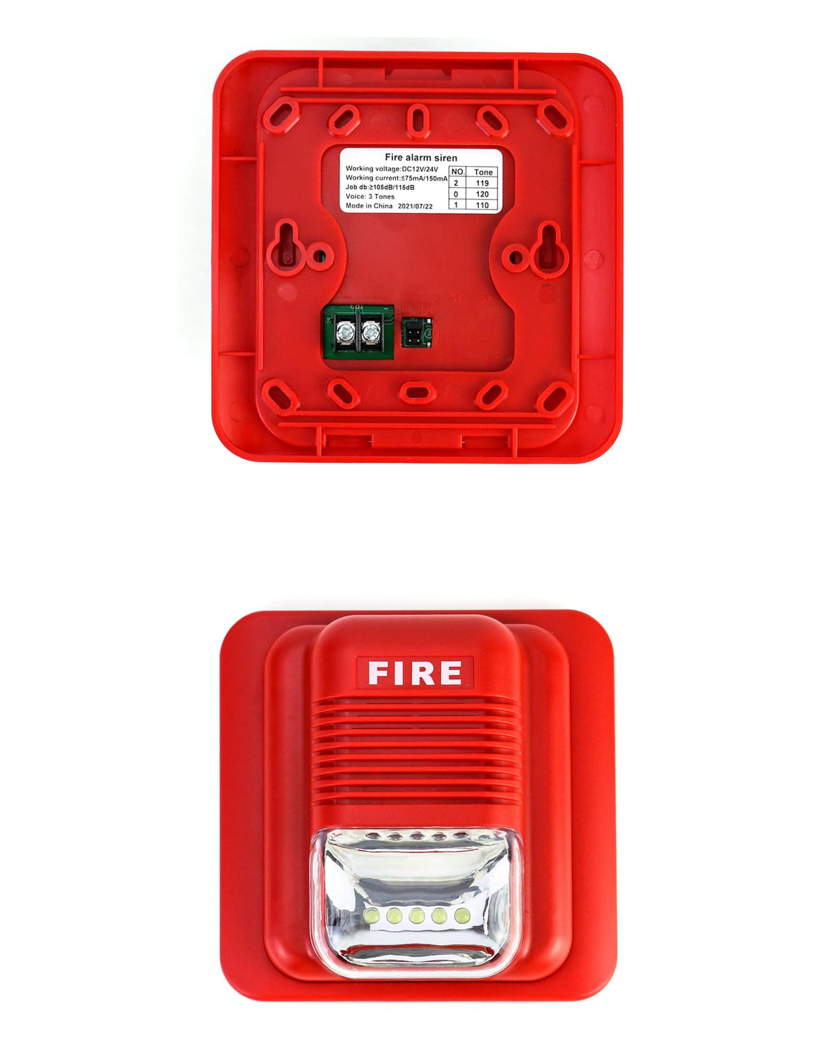 QWORK four-pack wired fire alarm strobe side view emphasizes compact installation for tight spaces.