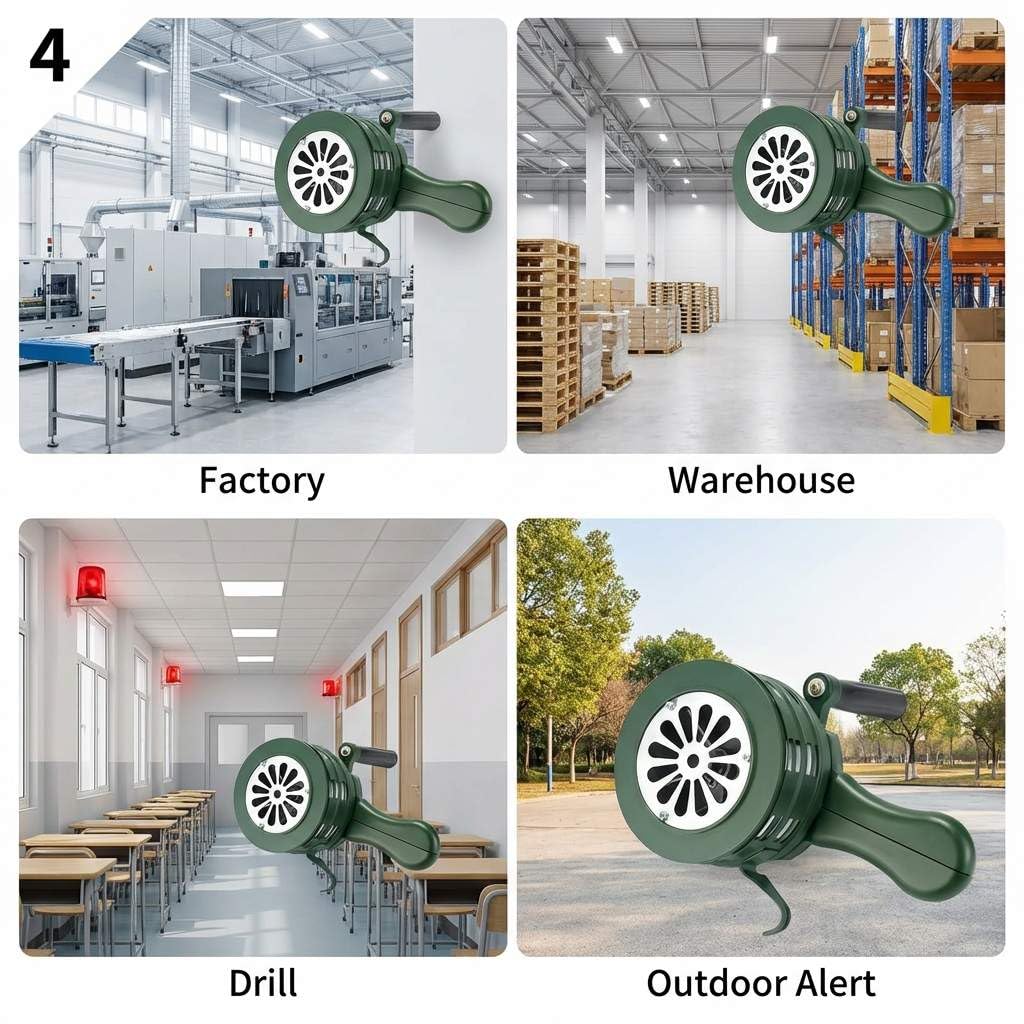 QWORK hand crank siren factory signals; clear alerts.