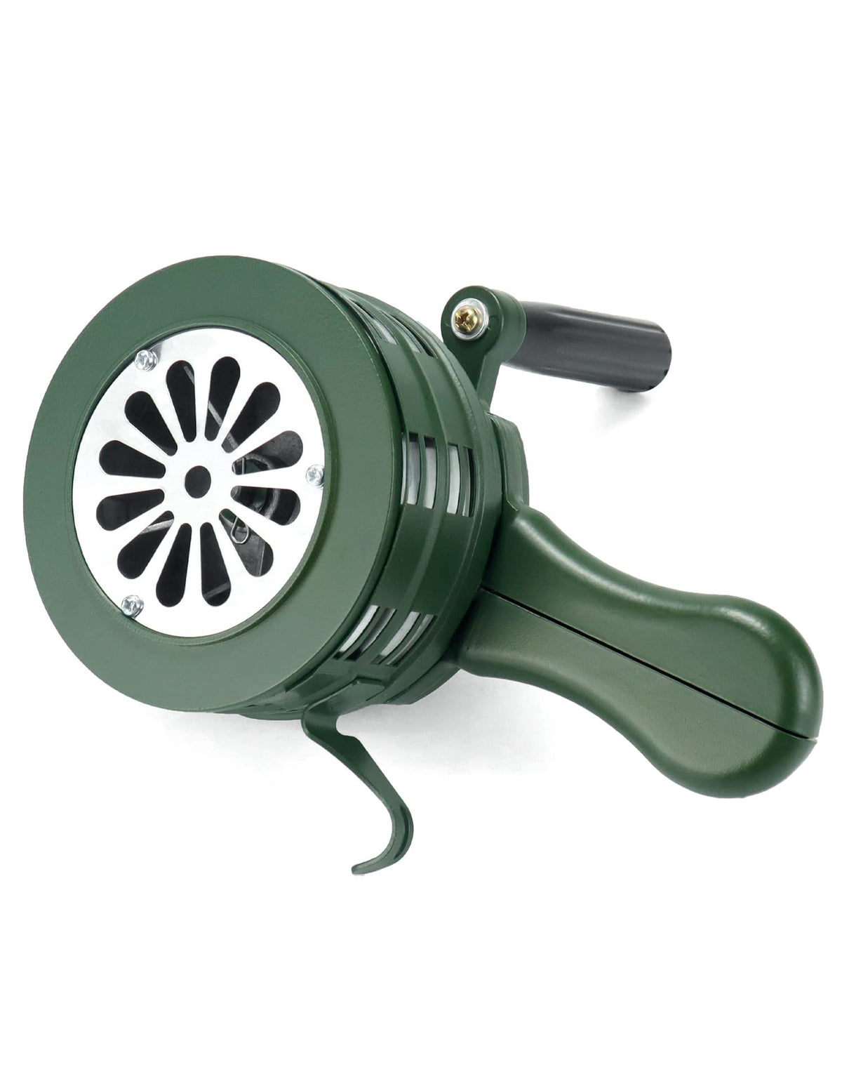 QWORK hand crank siren front view; durable aluminum body for outdoor use.