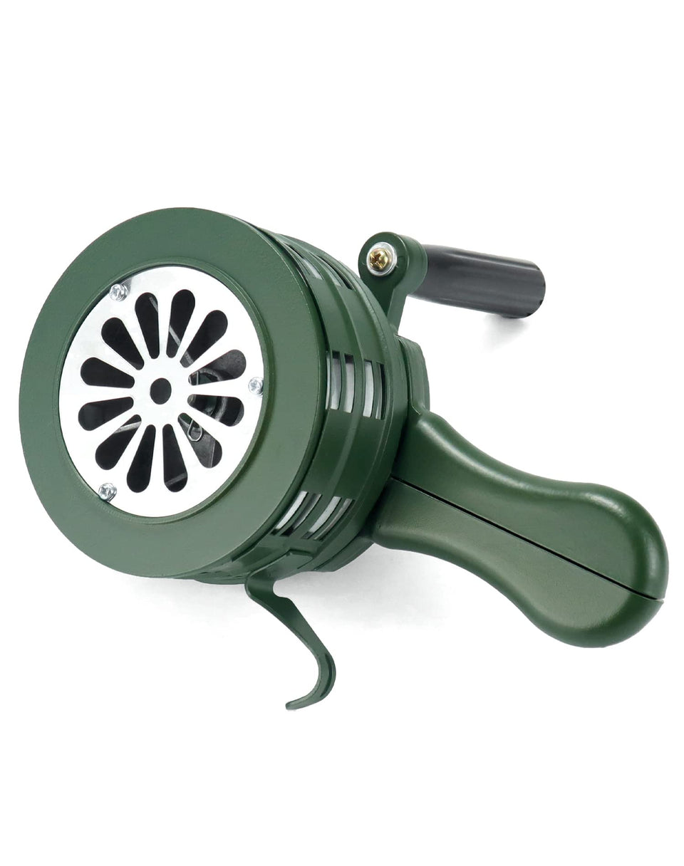 QWORK hand crank siren front view; durable aluminum body for outdoor use.