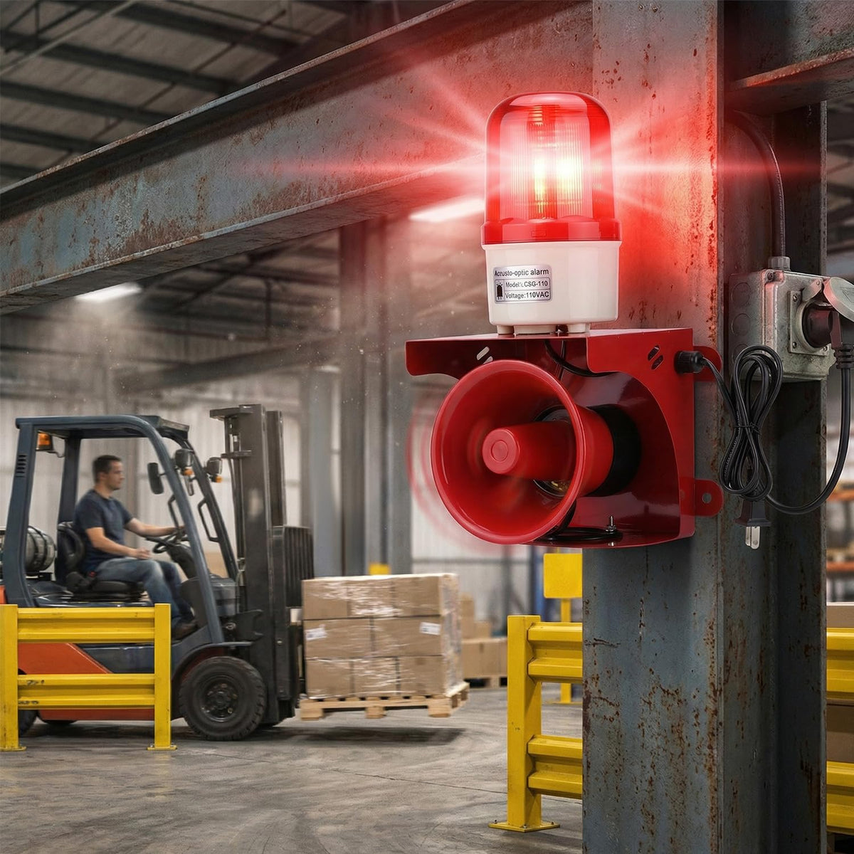 QWORK mounted in warehouse demonstrating wide-area audible coverage