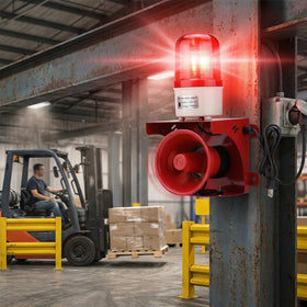 QWORK mounted in warehouse demonstrating wide-area audible coverage