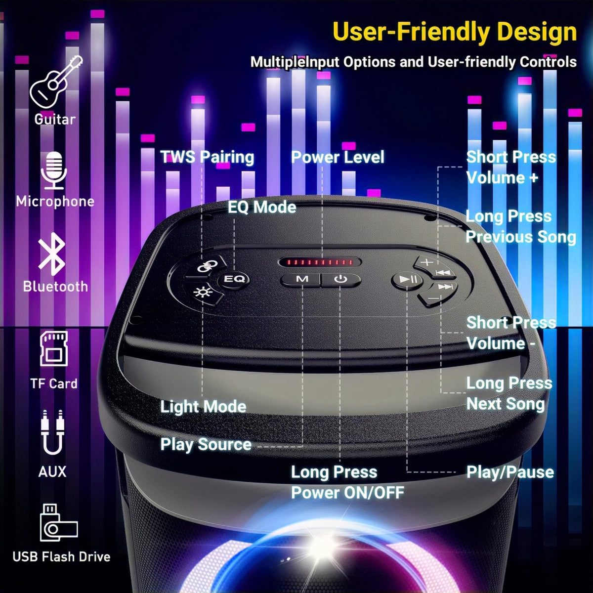 QxbJoy speaker with TWS stereo pairing for wider soundstage.