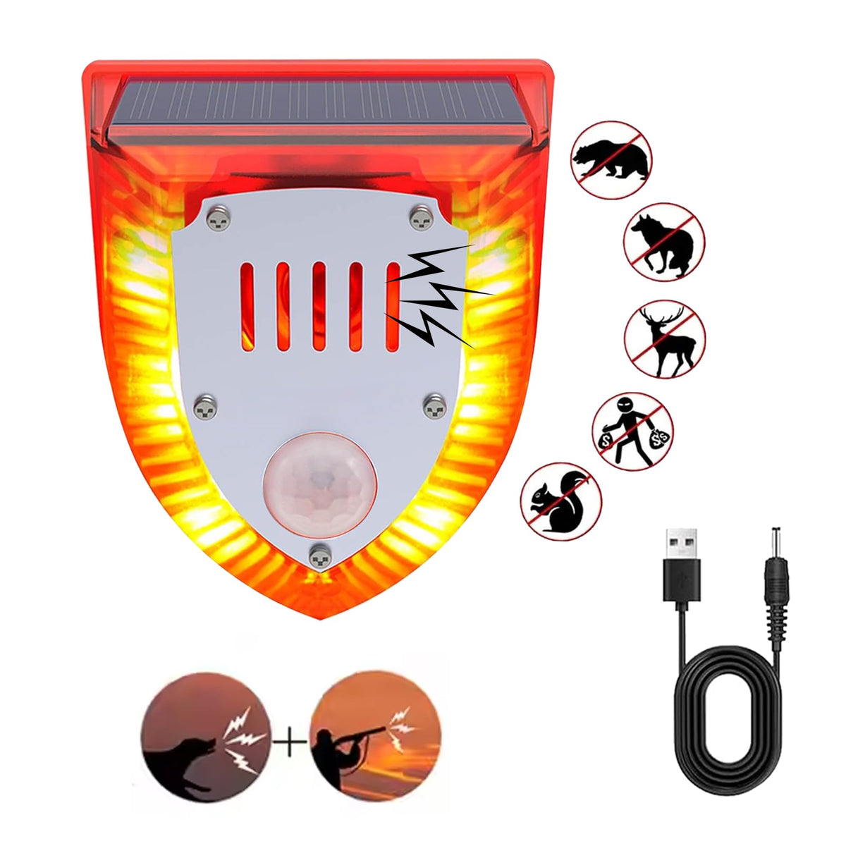 QXMH solar outdoor motion alarm front view with strobe lights to deter intruders