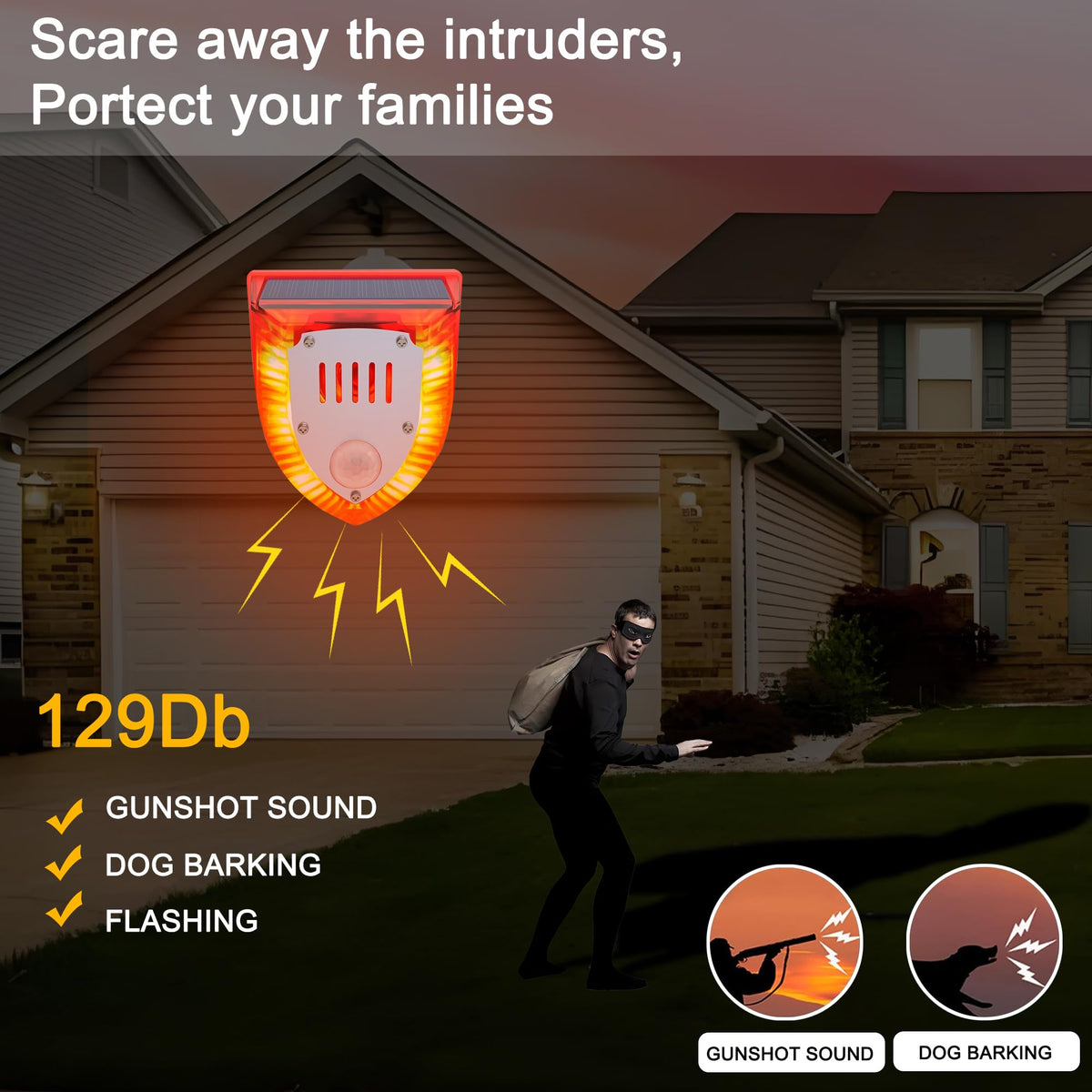 QXMH alarm close-up showing six LED strobes and loud siren
