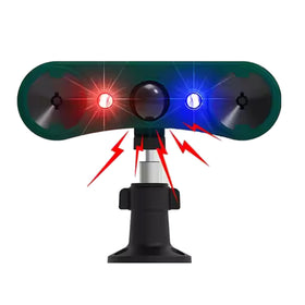 QXMH solar outdoor motion sensor alarm front view with deterrent lights.