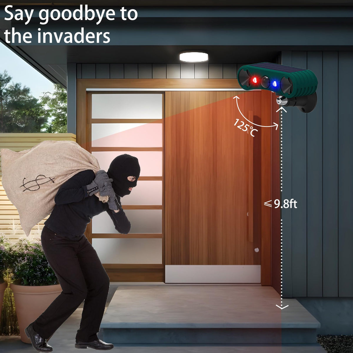 QXMH alarm with red and blue lights for night-time deterrence.