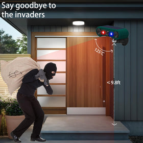 QXMH alarm with red and blue lights for night-time deterrence.