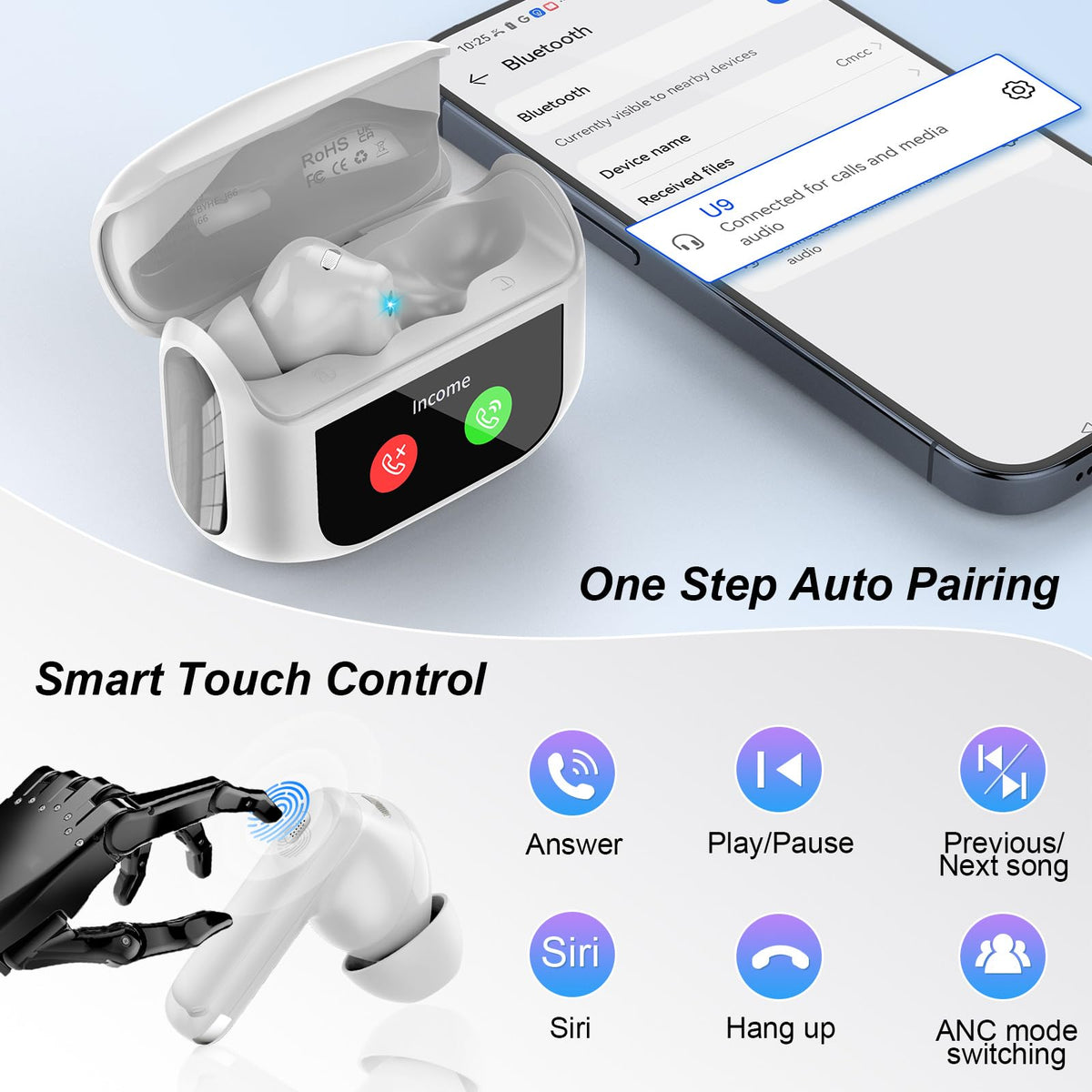 QXUFV open charging case with earbuds paired showing long 48-hour total playtime