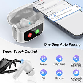 QXUFV open charging case with earbuds paired showing long 48-hour total playtime