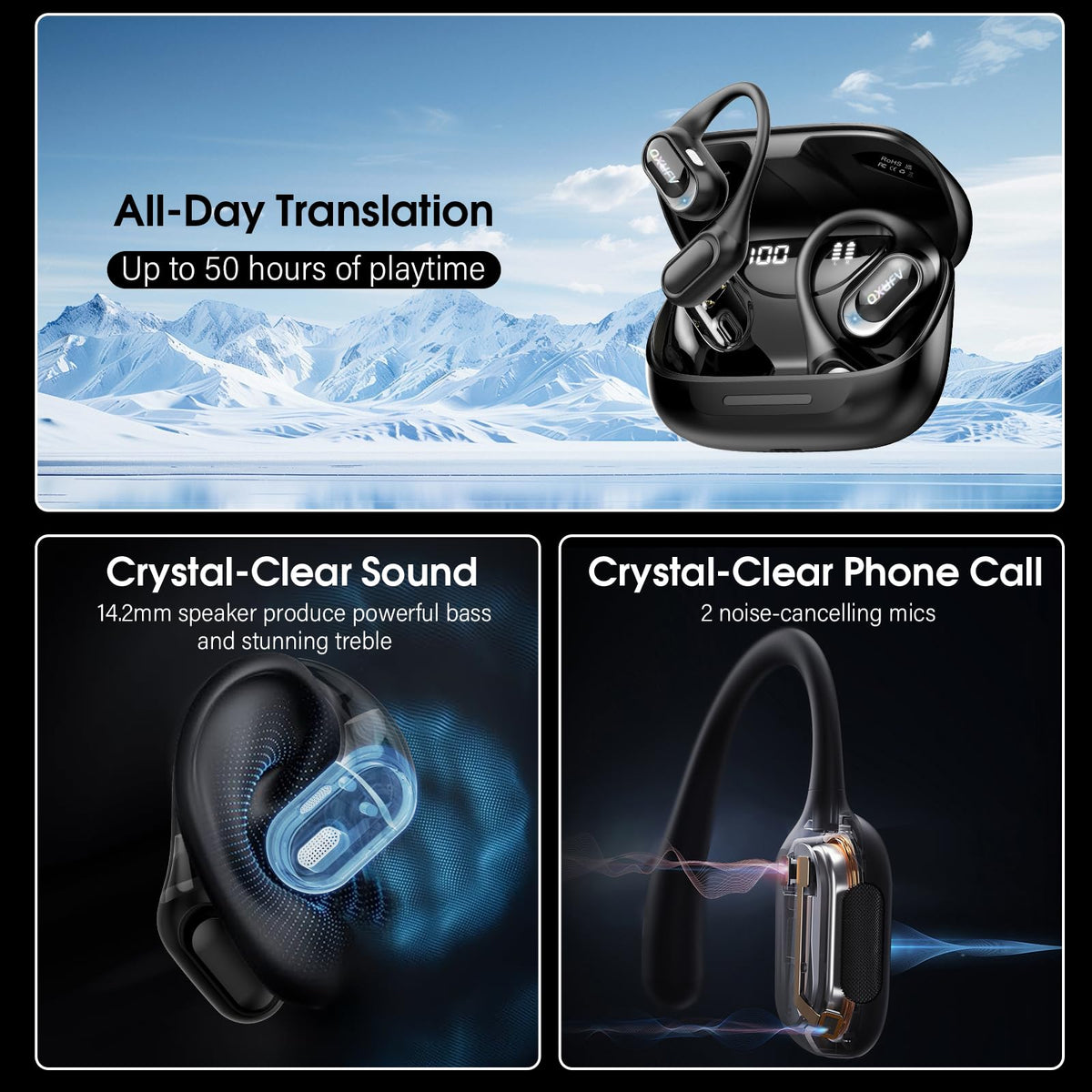 QXUFV translation earbuds work across 164 languages via Ear Dance app.