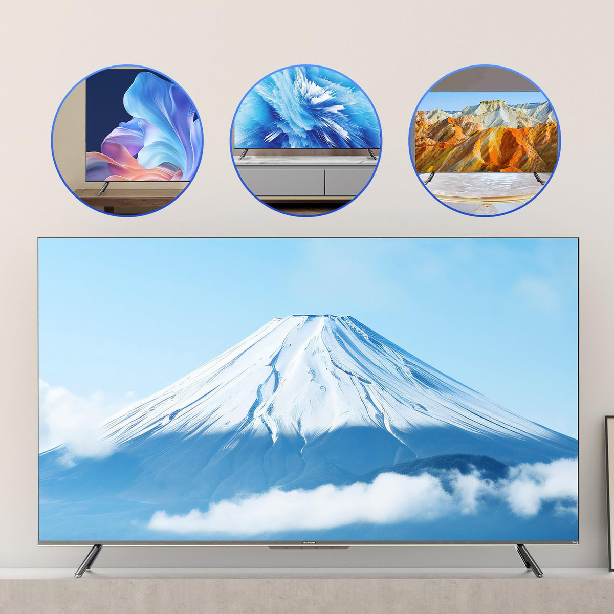 Qzanyee Life TV with legs on a console in a living room, showing neat, protected placement