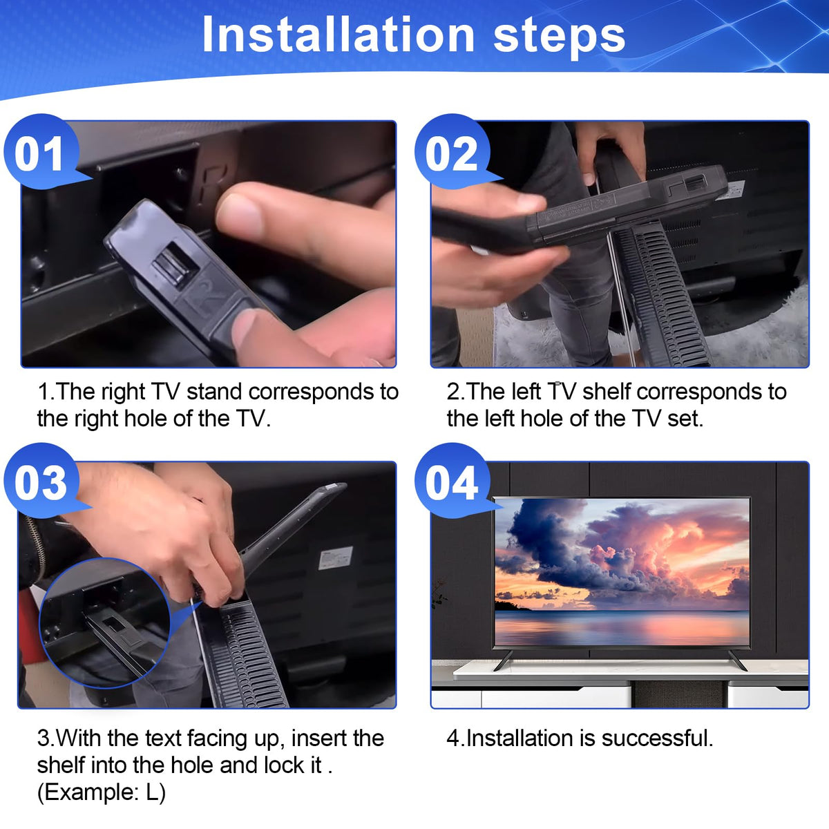 Qzanyee Life pair installed on a 50-inch TV demonstrating secure tabletop support