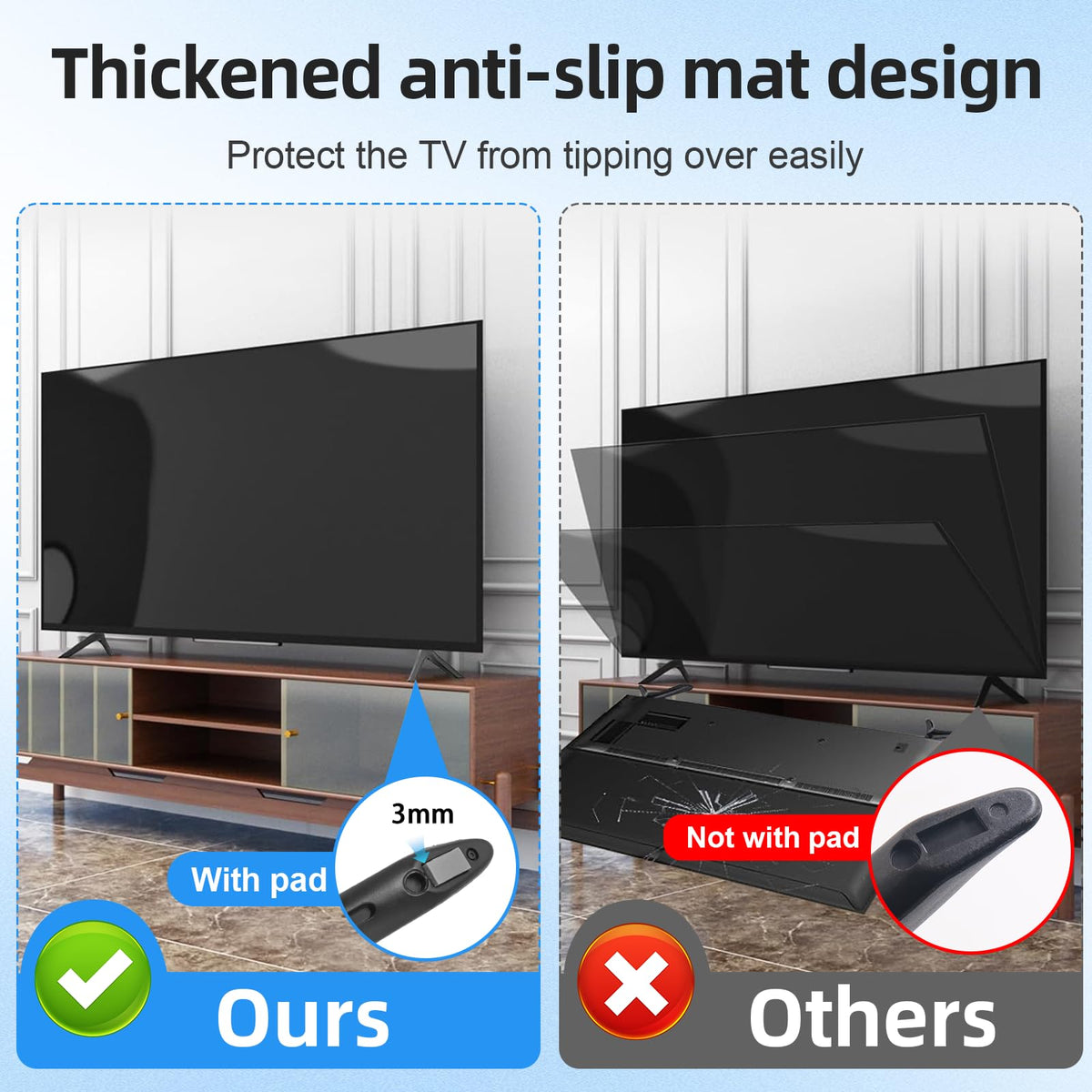 Qzanyee Life scale comparison with TV on stand illustrating suitable height for 50 and 55 inch