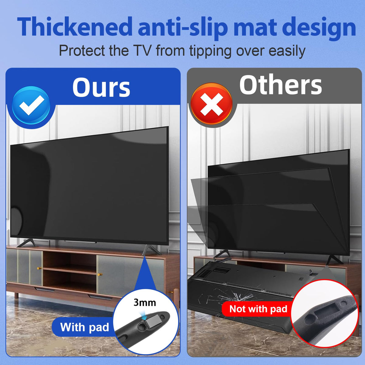 Qzanyee Life side profile of one replacement leg mounted on a Samsung TV showing stability
