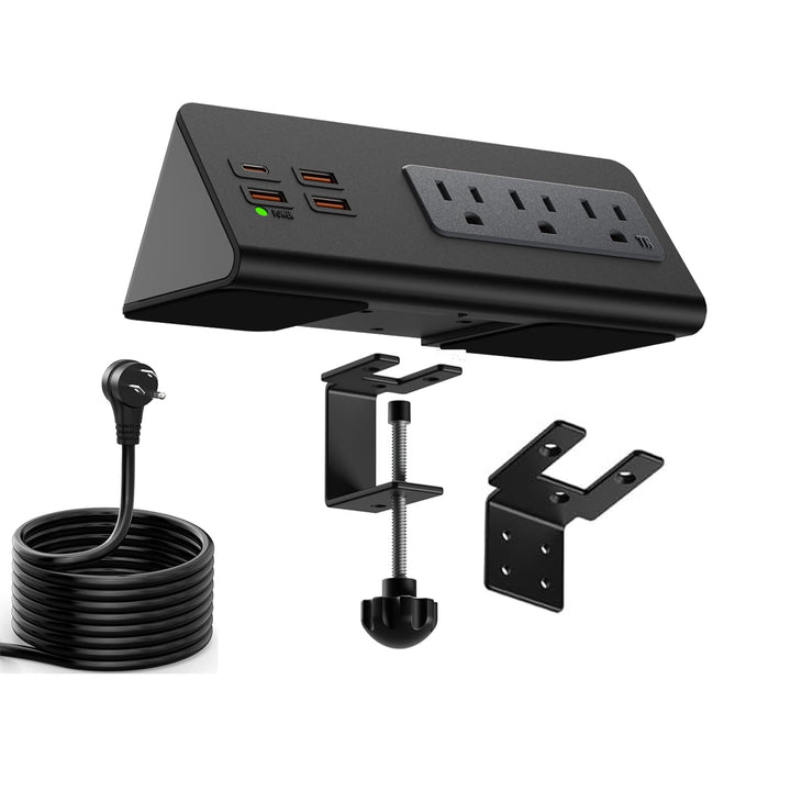 QZUKOY front view clamped on desk showing accessible outlets and tidy charging