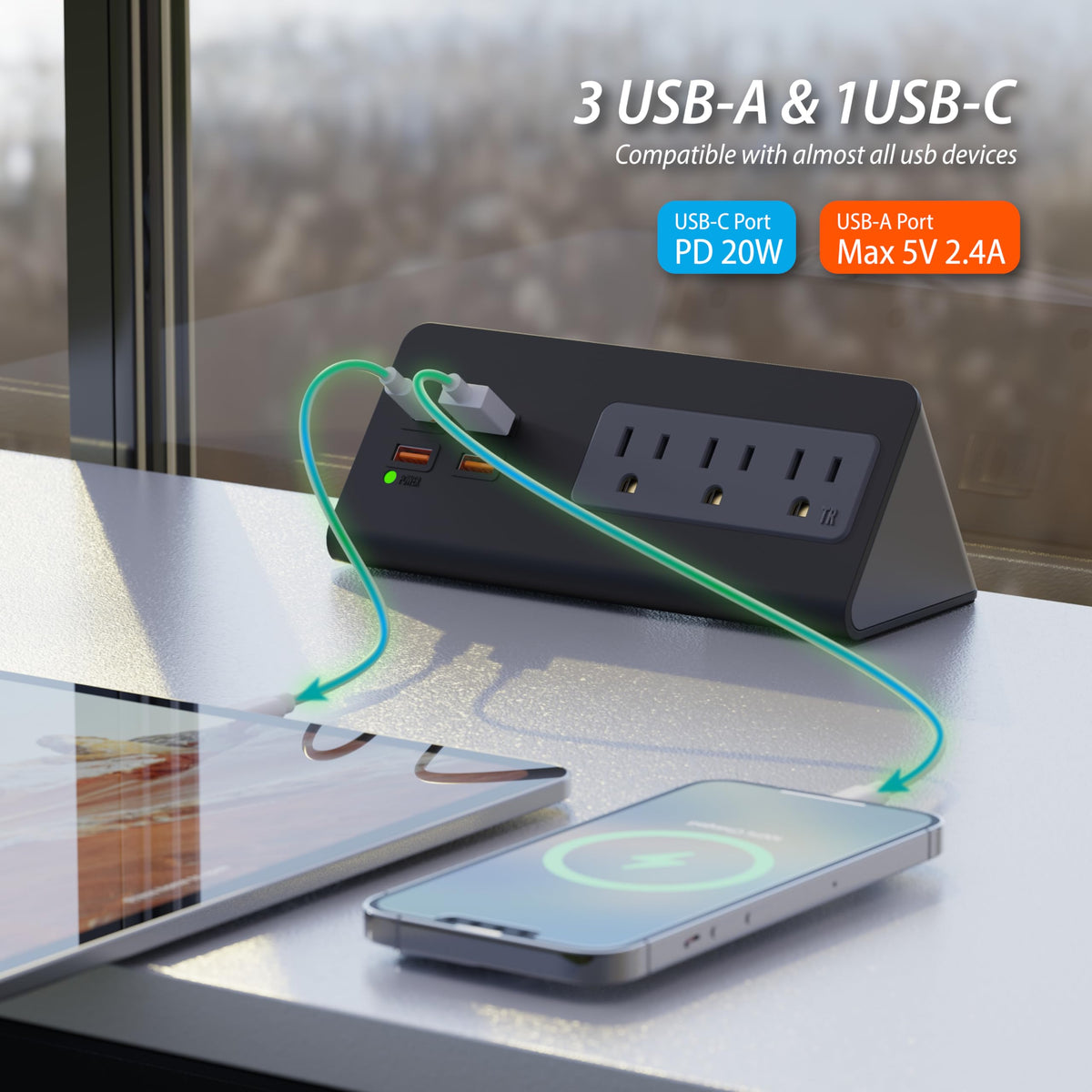 QZUKOY detailed view of USB ports and AC outlets for versatile charging