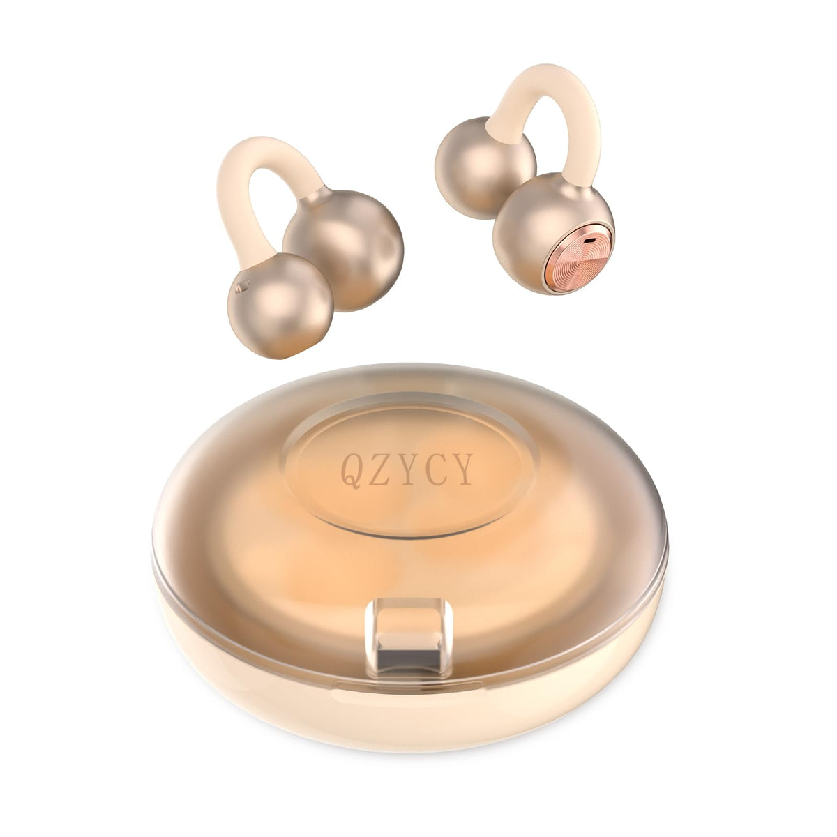 QZYCY Clip On Earbuds shown from the side, open-ear design for situational awareness