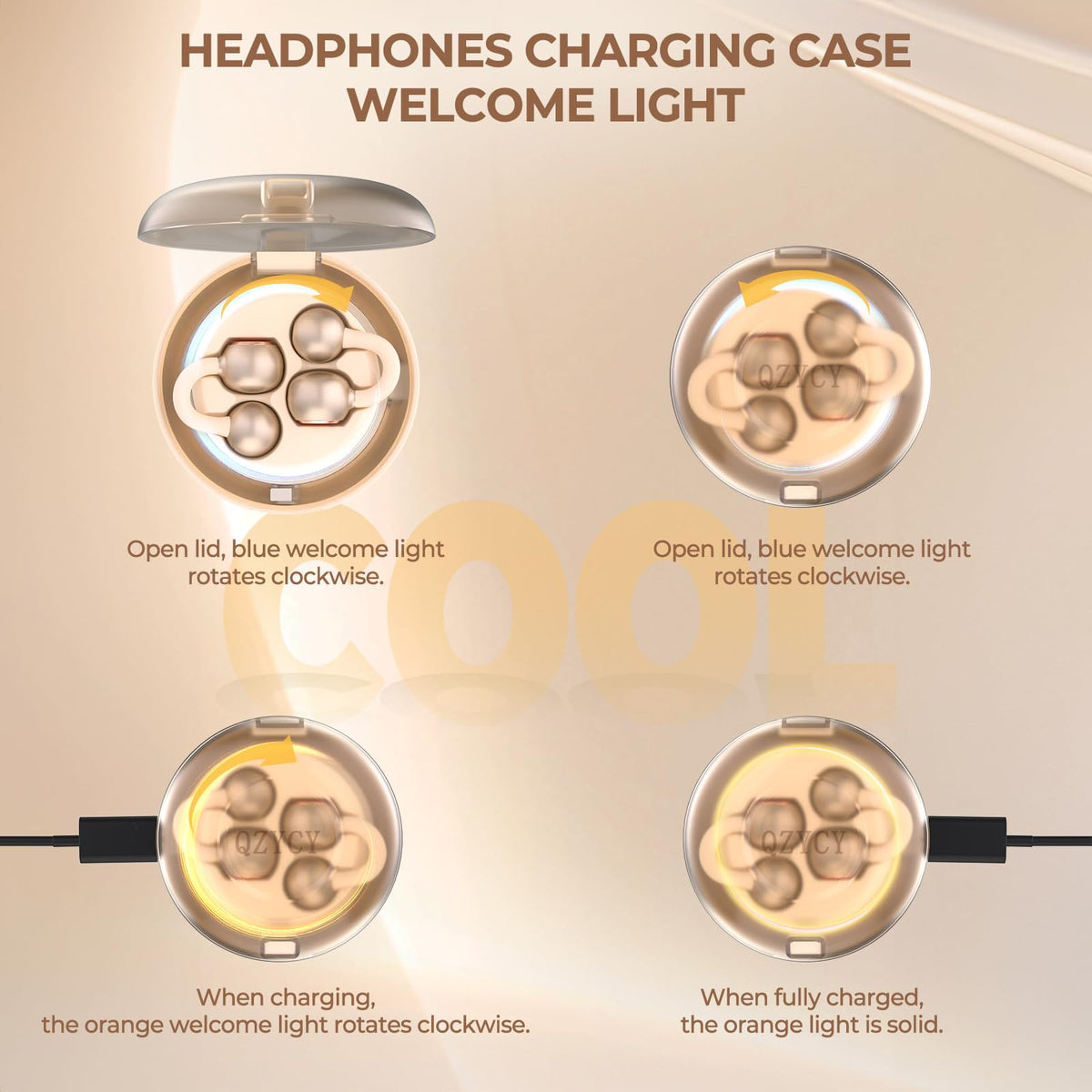 Charging case with blue greeting light and ambient indicators