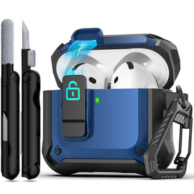 R-fun AirPods 4 blue carbon-fiber case front view shows protective wrap