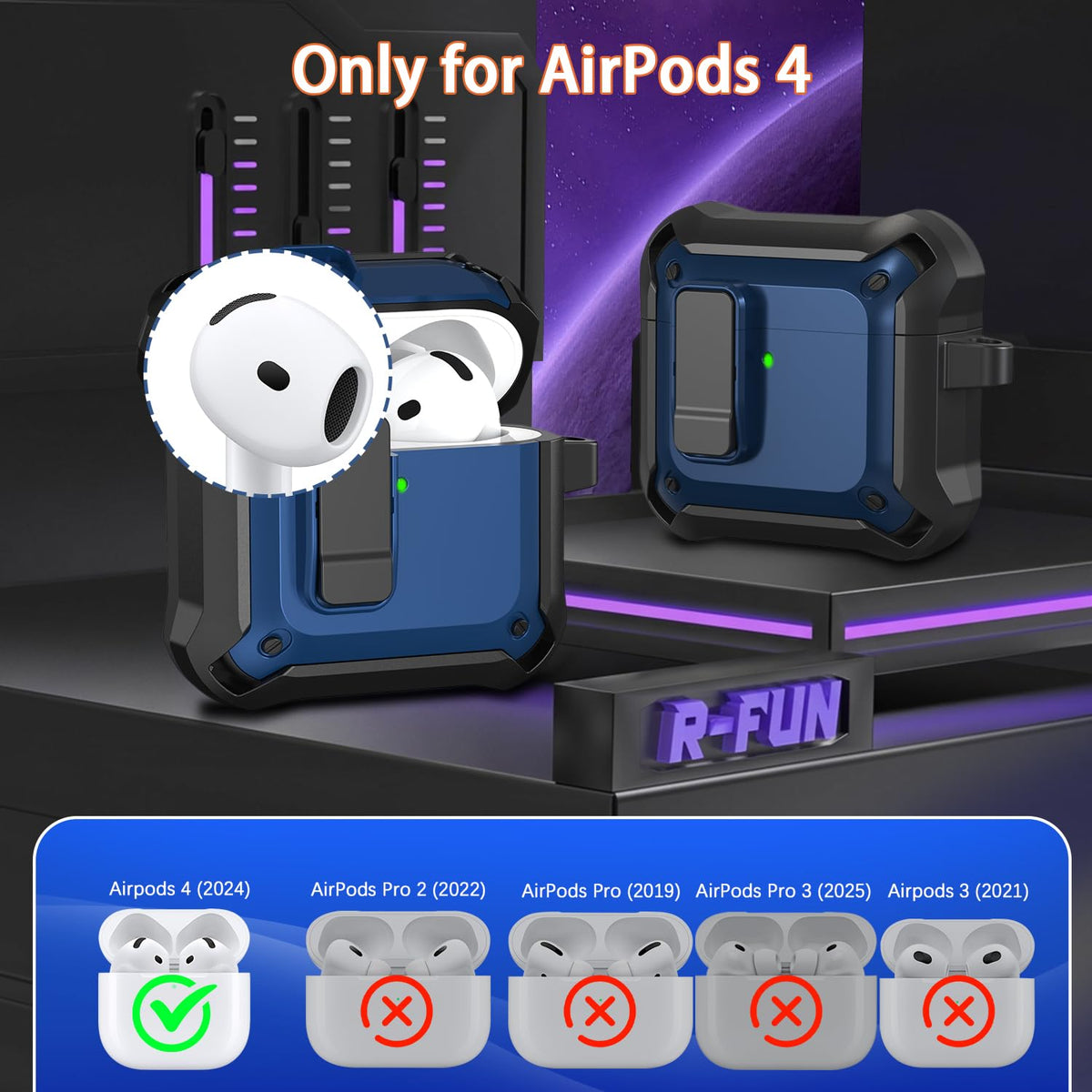 R-fun AirPods 4 blue carbon-fiber case with lid closed