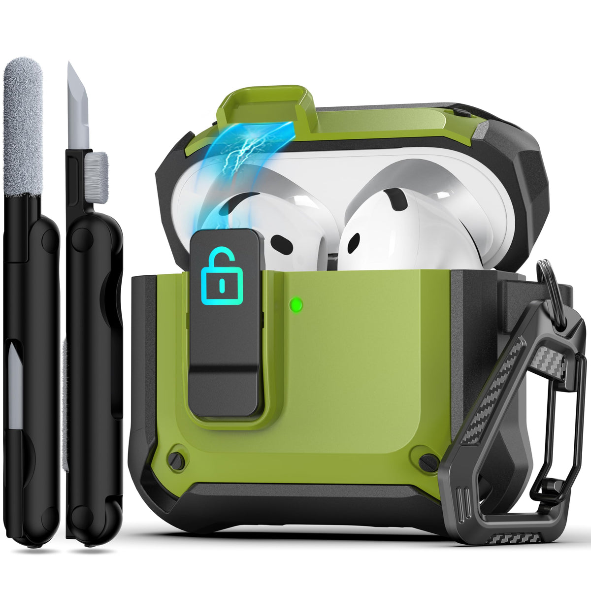 R-fun AirPods 4 case front view with rugged protection and carbon fiber look.