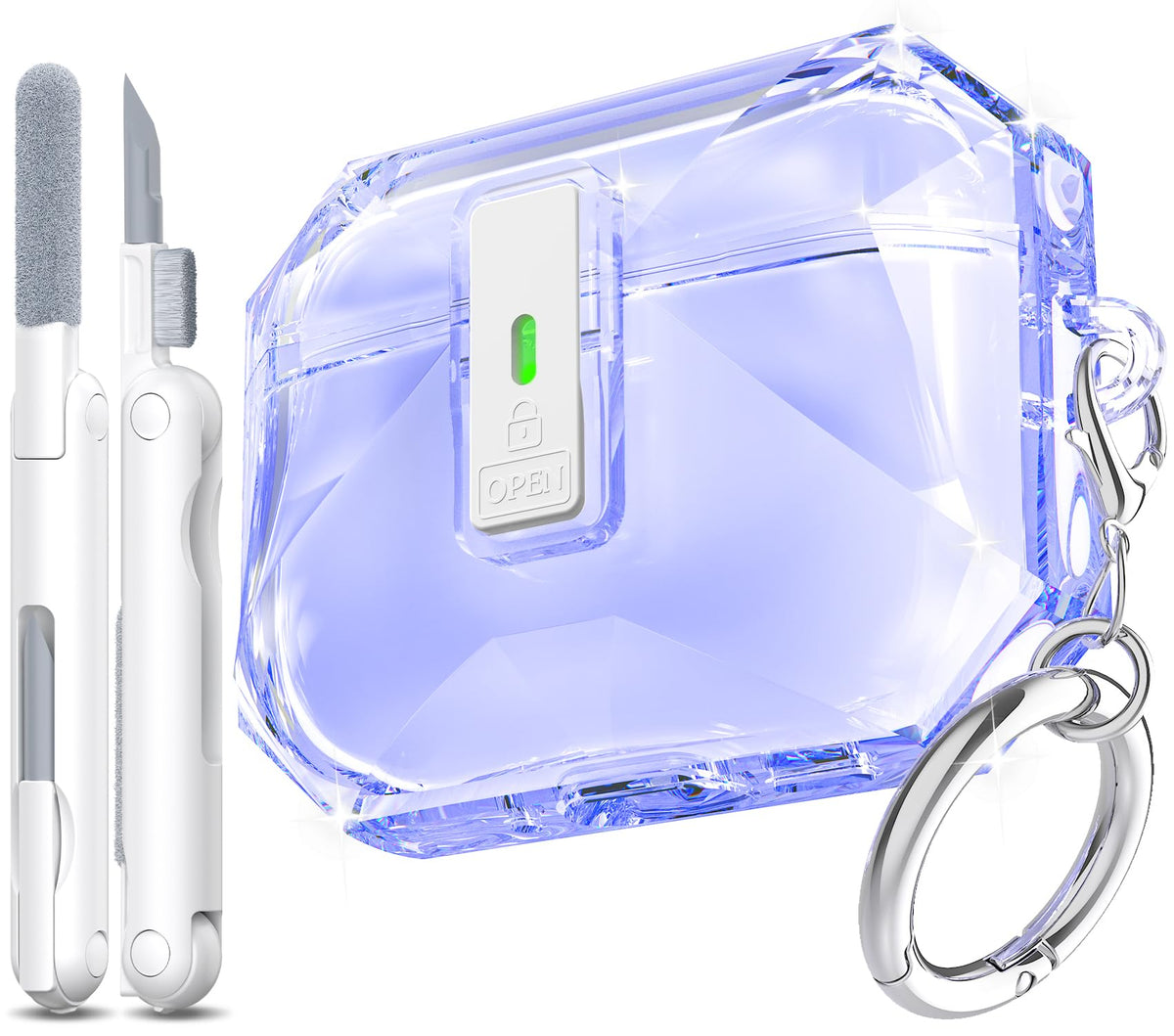 R-fun AirPods Pro 3 case in clear purple, front view showing status indicator