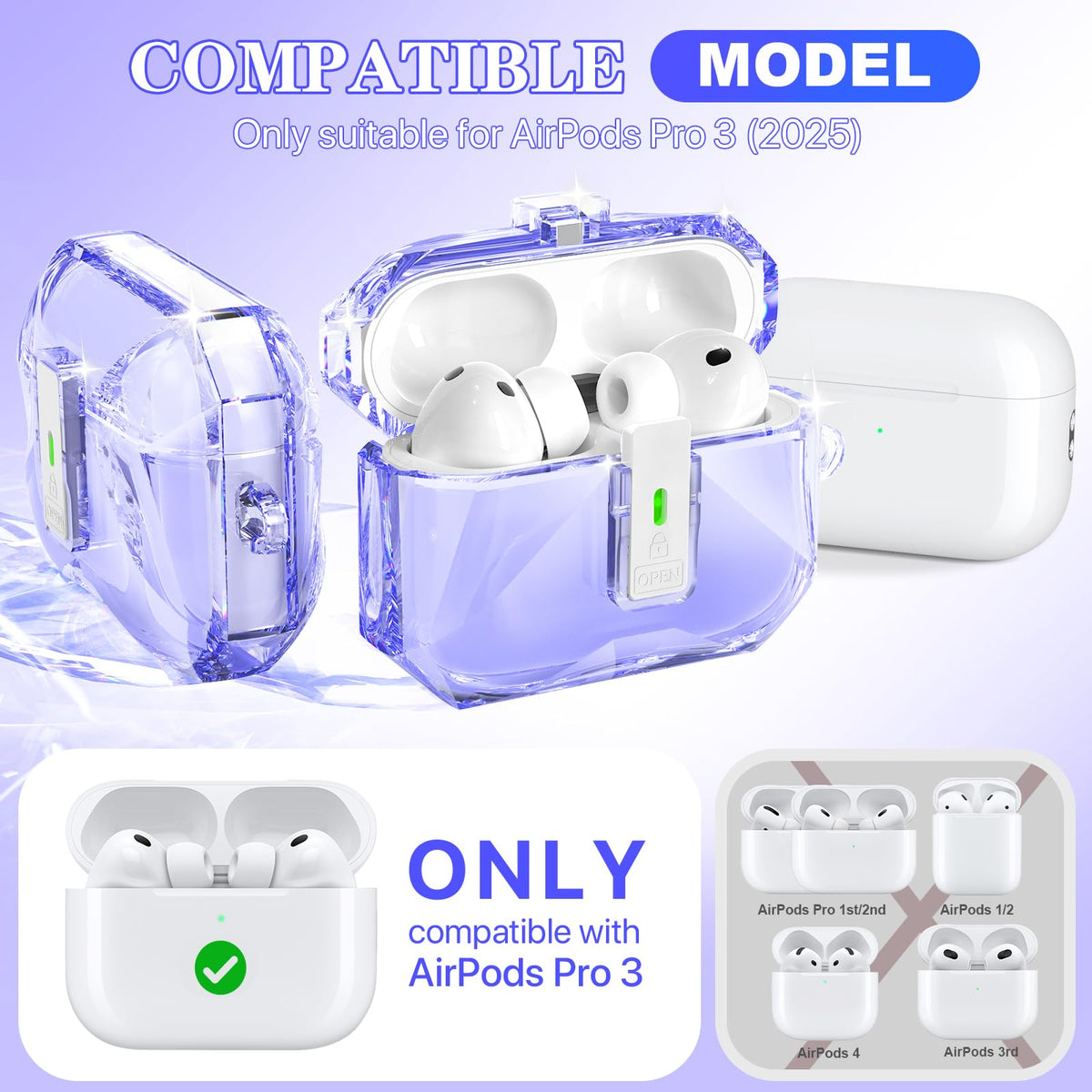 R-fun AirPods Pro 3 case in clear purple, side view shows transparent protection