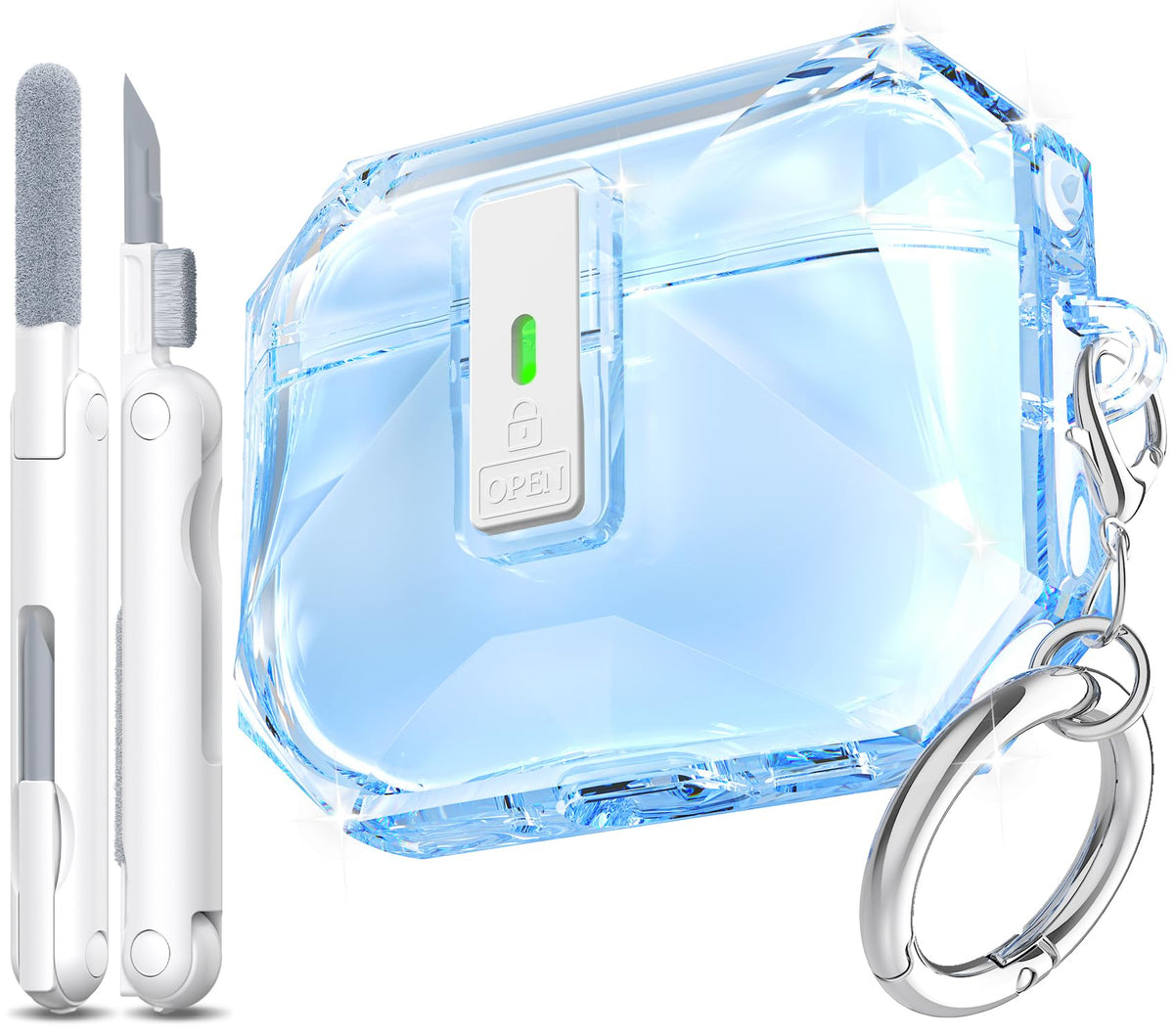R-fun AirPods Pro 3 case front view with clear-blue shell and precise fit