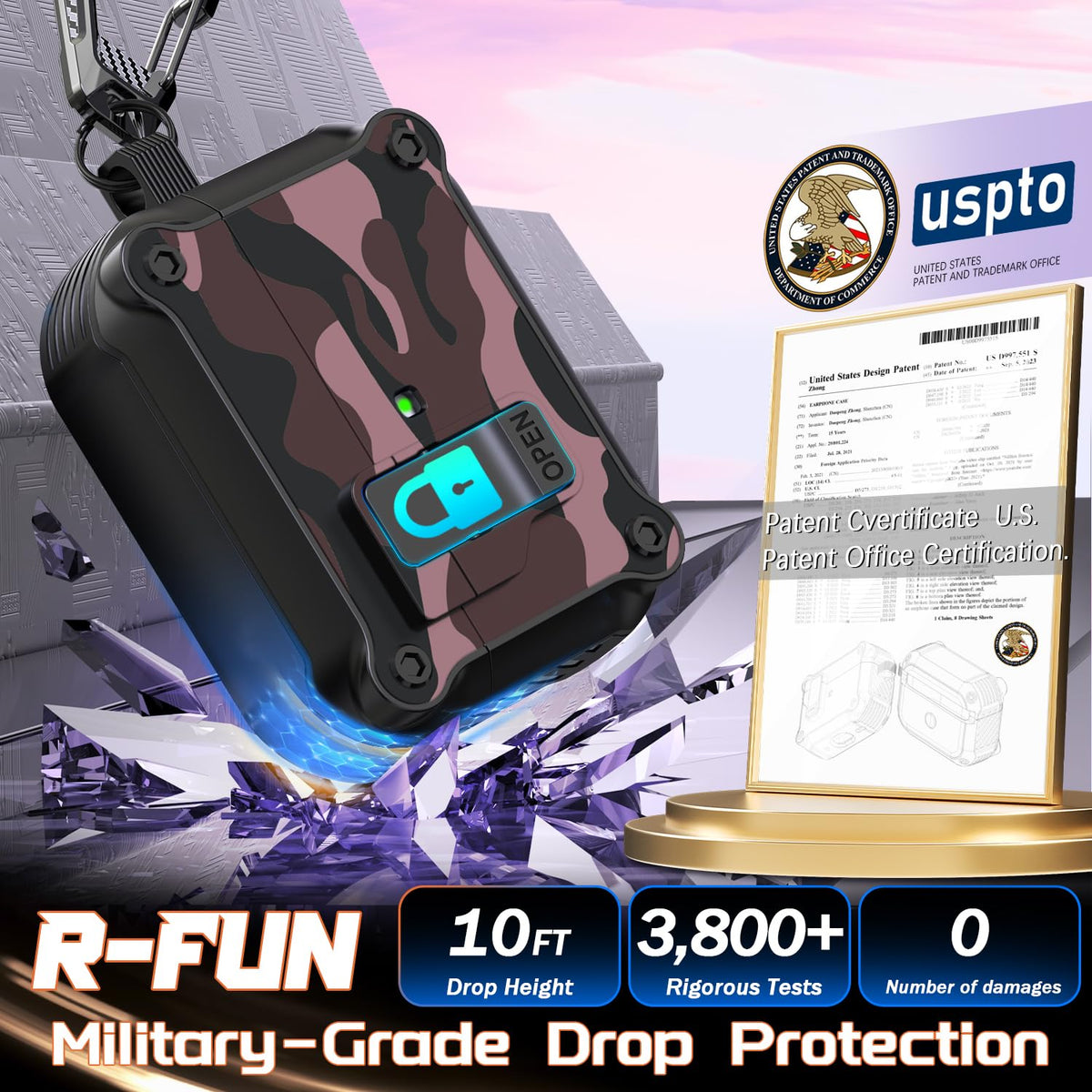 R-fun AirPods Pro case with carbon fiber carabiner for travel.