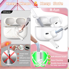 R-fun AirPods Pro case on white/pink peach background, stylish and compact.