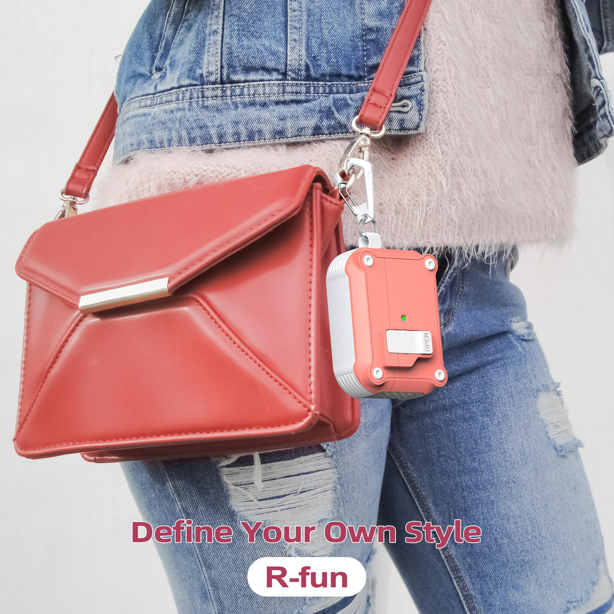R-fun AirPods Pro case side view with lid open to show auto pop-up lid.