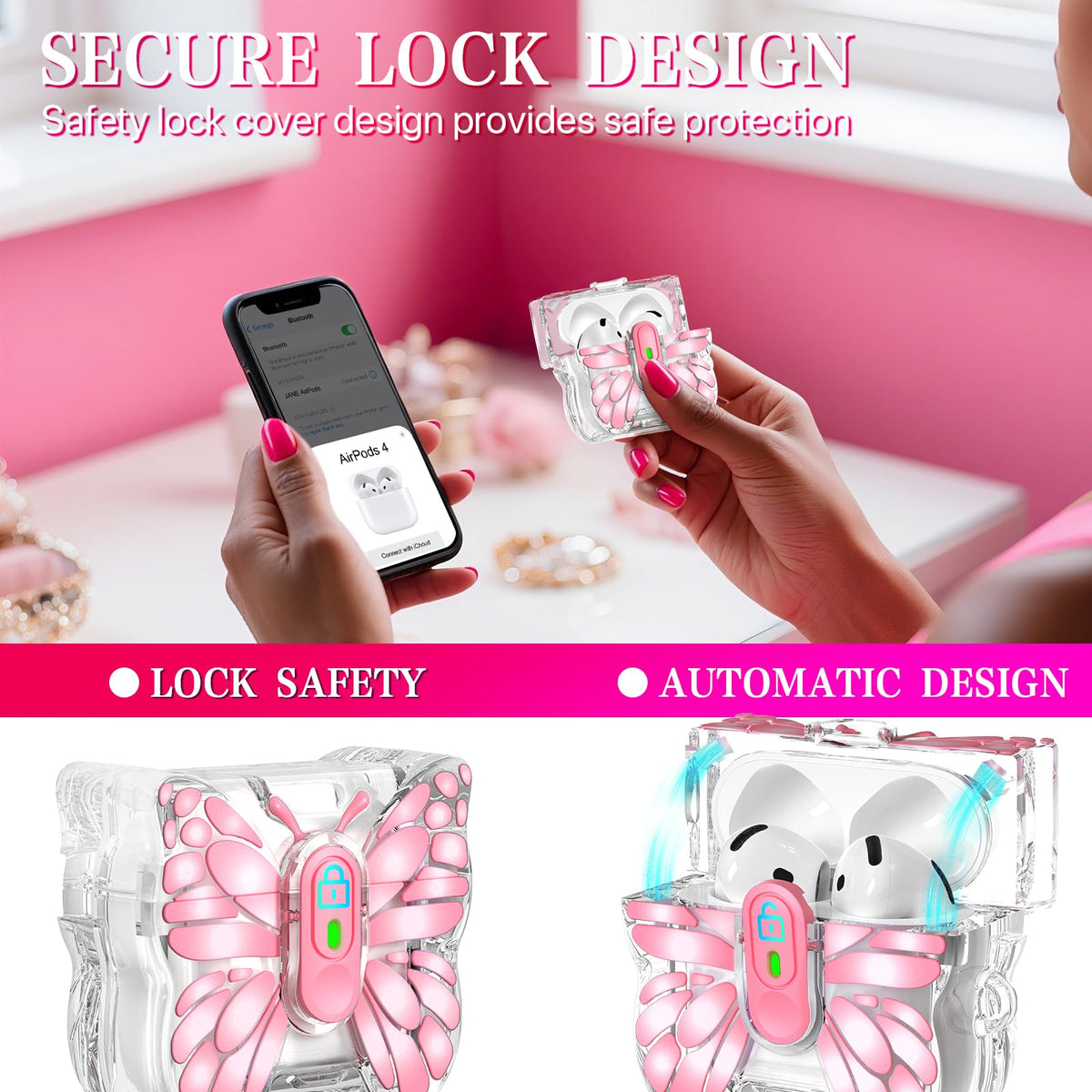 R-fun AirPods 4 Butterfly Artistry case side profile showing slim form and precision cutouts