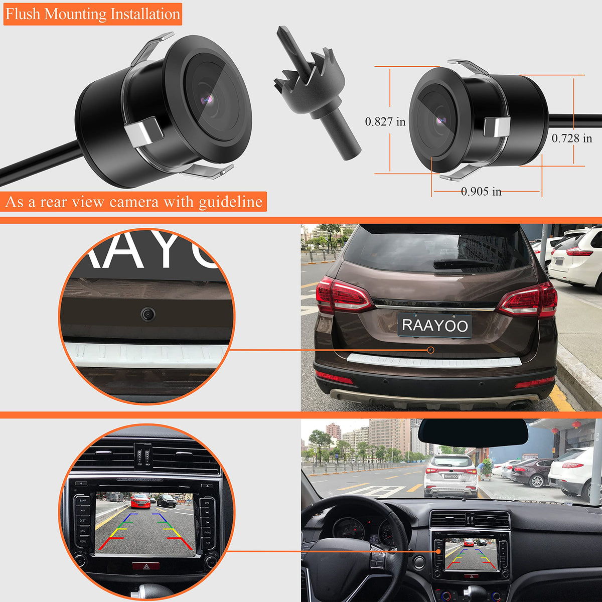 RAAYOO backup camera universal 12V-24V suitability for multiple vehicles.