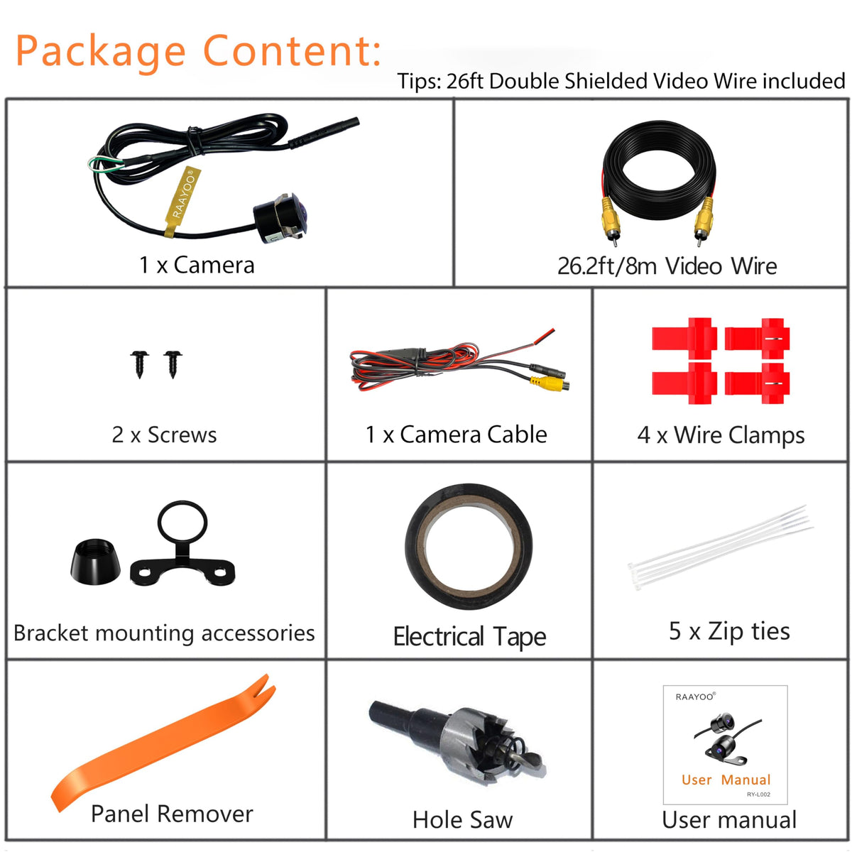 RAAYOO backup camera kit contents, including tools and mounting hardware.