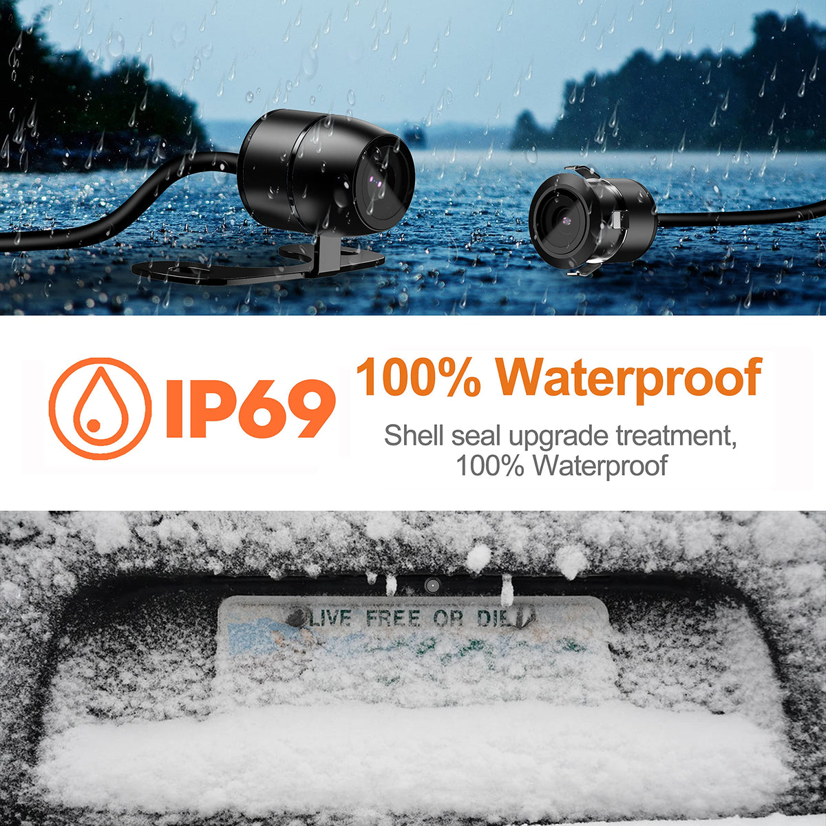 RAAYOO backup camera IP69 waterproof housing protecting against rain and dust.