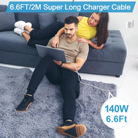 RACAHOO charger and cable next to laptop showing compact size and travel-ready convenience