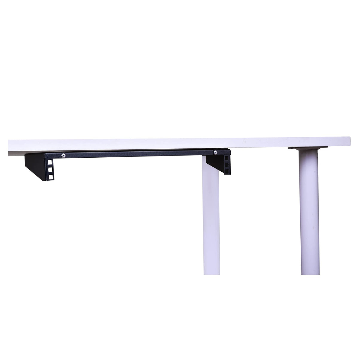 RackPath 1U flush-desktop-mount demonstrates horizontal versatility under a desk.